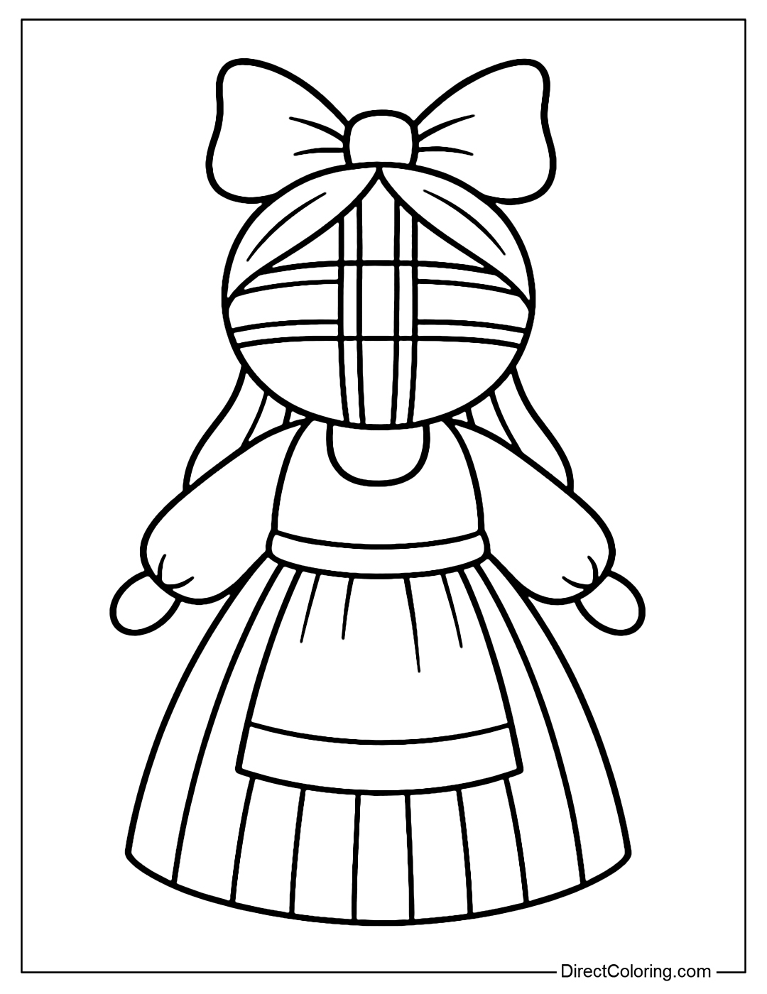 Traditional Motanka doll coloring page, with fabric bow and light striped dress.